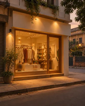 A lit shopfront at dusk on a quiet street