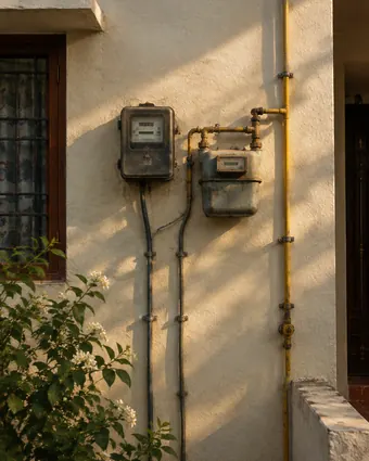 Electricity and gas meters on a cream plaster wall