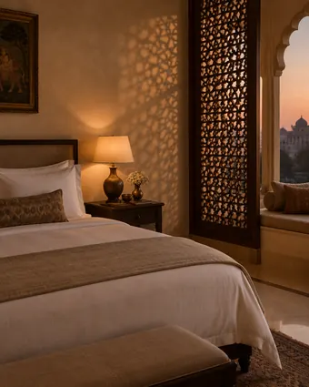 A quiet hotel room at dusk, a carved screen casting shadow on a cream wall
