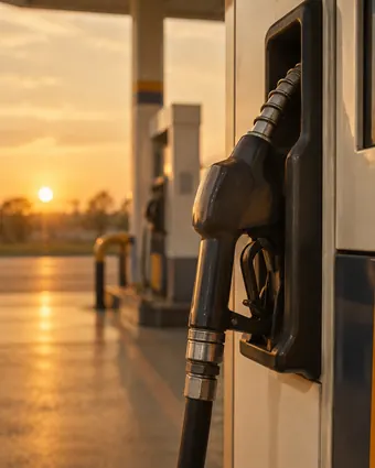 A fuel nozzle in its holster at a filling station at golden hour
