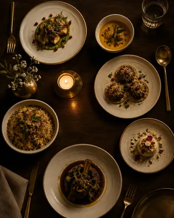 A dining table from above, small plates on cream ceramic with brass cutlery